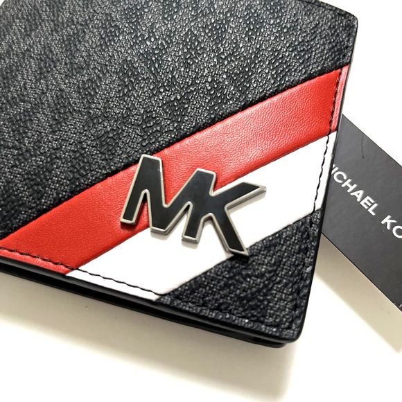 Michael Kors Men’s Billfold Wallet Coin Pocket Black Gray Red Stripe Logo NWT - Picture 3 of 8